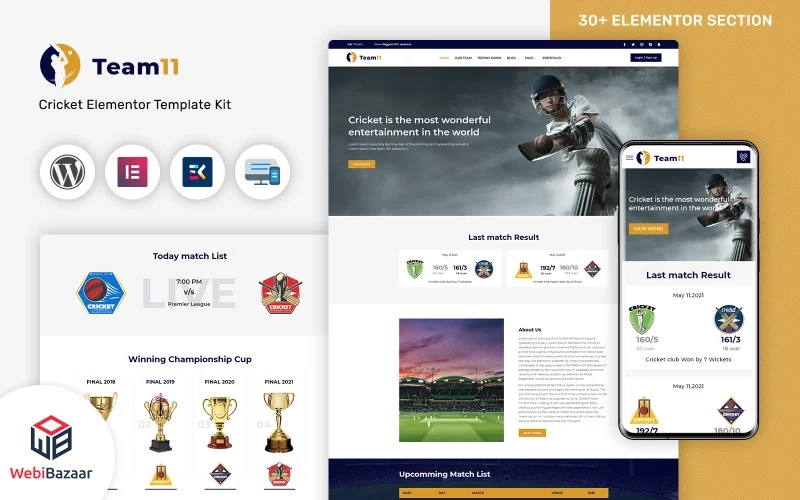 Team11 - Cricket Responsive Website WordPress Elementor Theme WordPress Theme